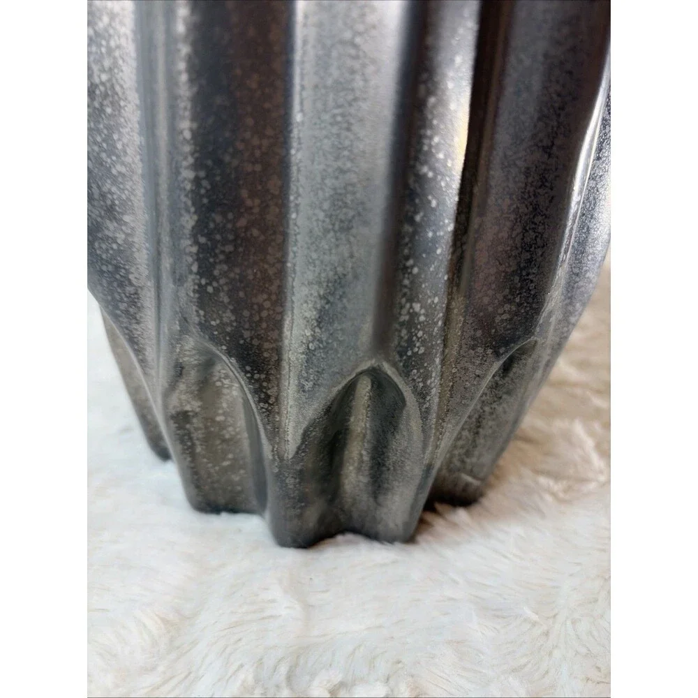 17” Art Deco Metallic Silver Fluted Ceramic Decorative Vase